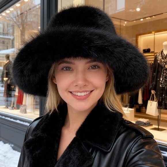 Women\'s Black Oversized Winter Long Pile Fur Wide Moldable Brim Warmer Cap main image 4